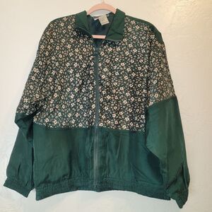 Silk Exchange Womens L Green Floral Silk Zip Jacket VTG Lightweight Windbreaker